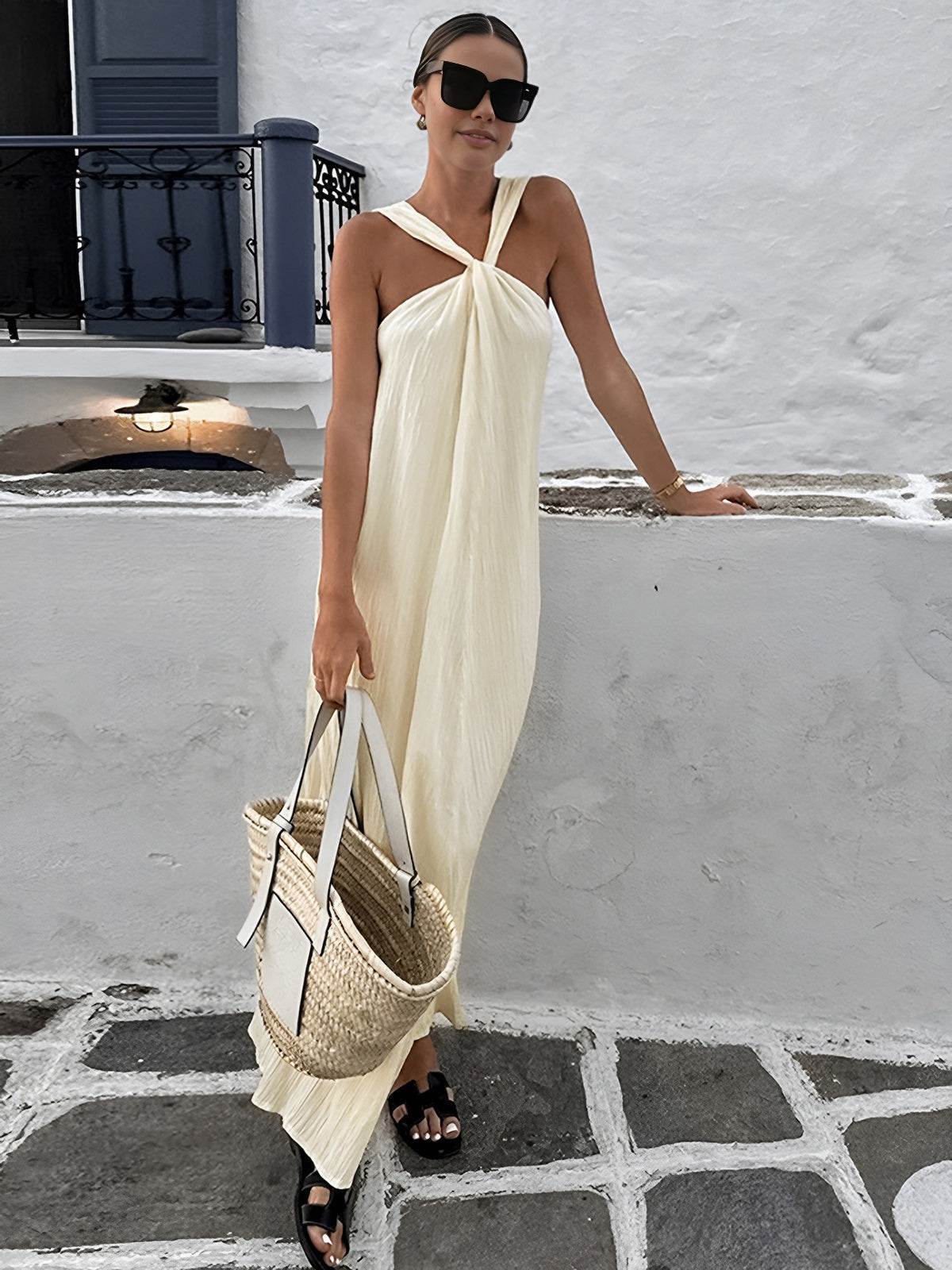 Elegant Creamy Halter Dress with Flowing Long Skirt