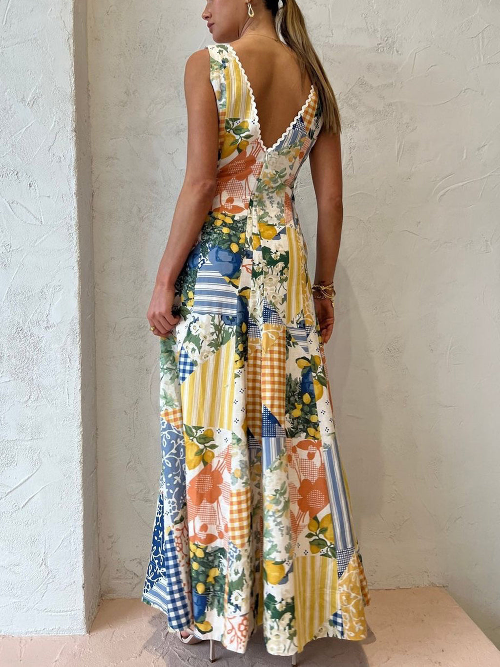 Lemonade Lace Trim Long Dress with Printed Design