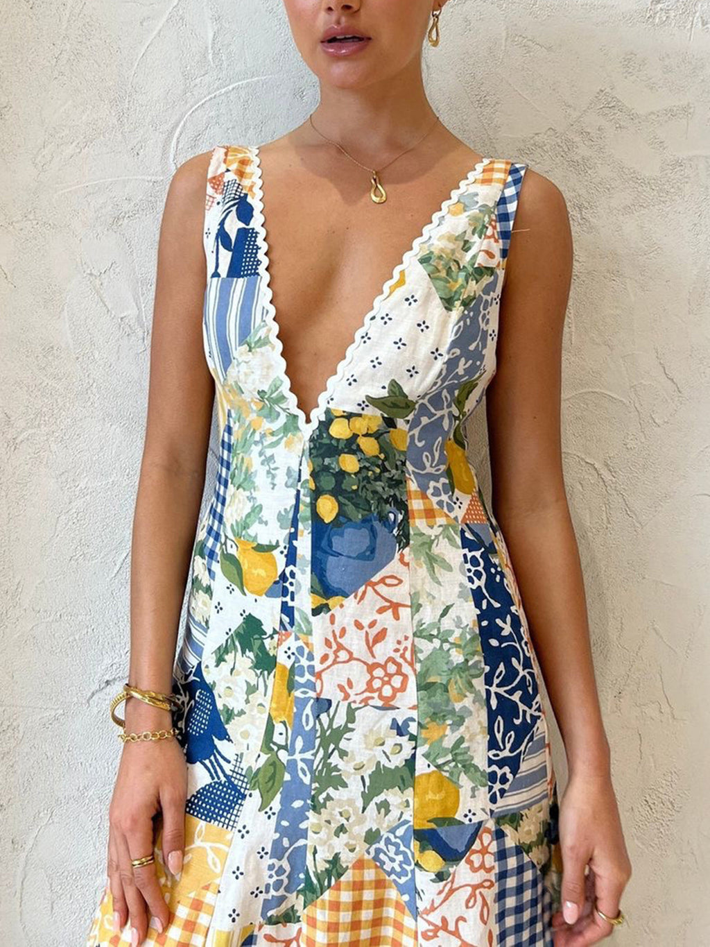 Lemonade Patterned Dress with Lace Detailing