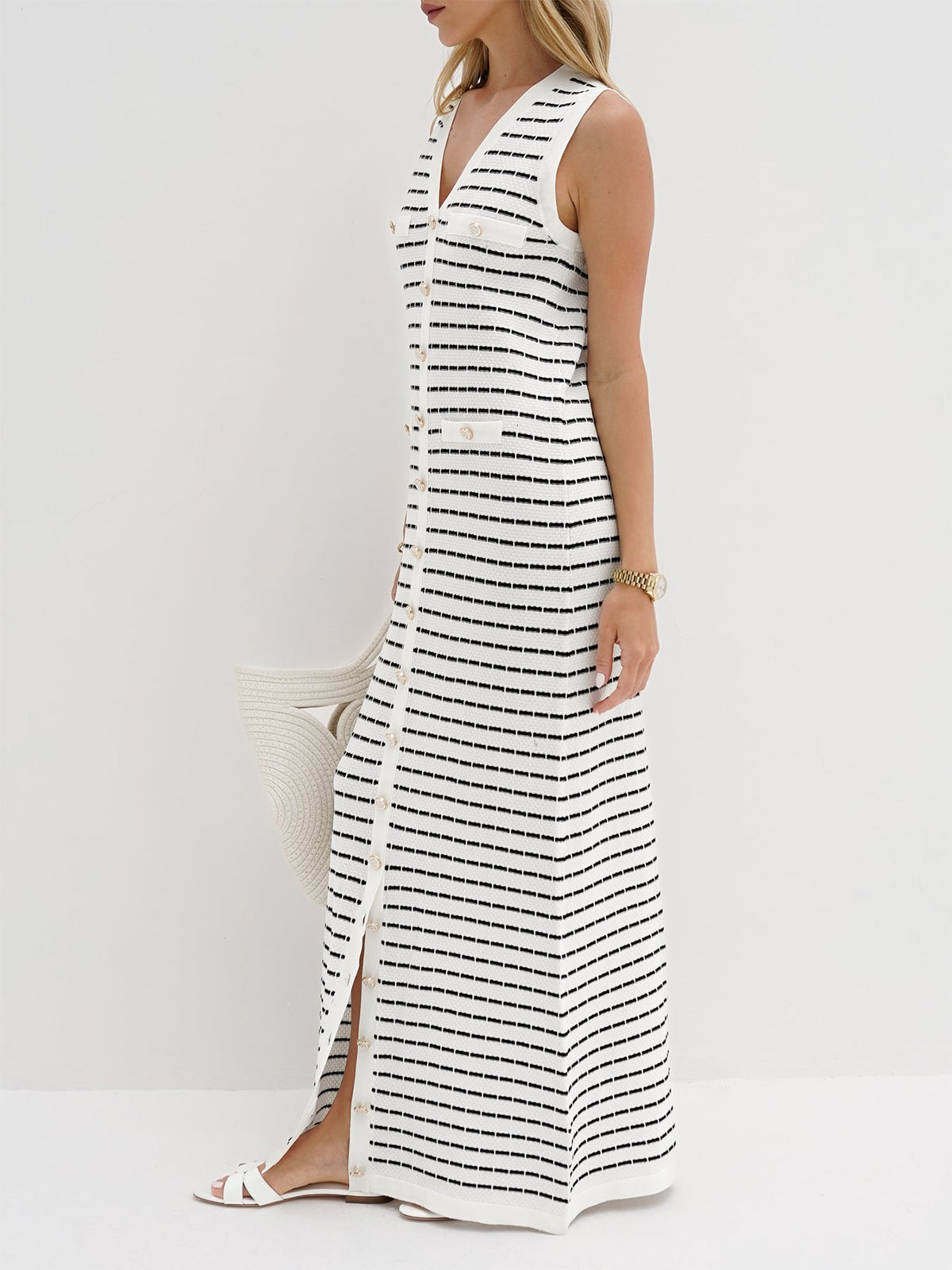 Striped Long Sweater Dress with Metal Buttons