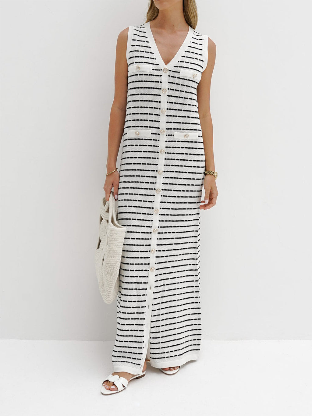 Striped Sweater Dress with Metal Buttons