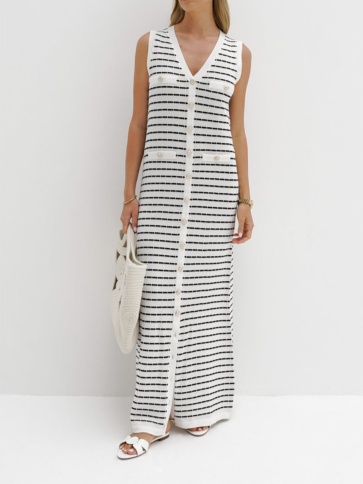 Striped Sweater Dress with Metal Buttons