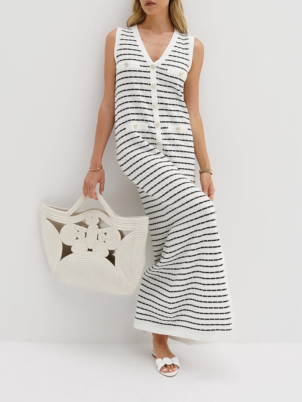 Striped Sweater Dress with Metal Buttons