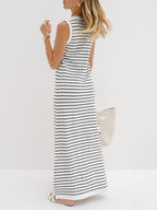 Striped Long Sweater Dress with Metal Buttons