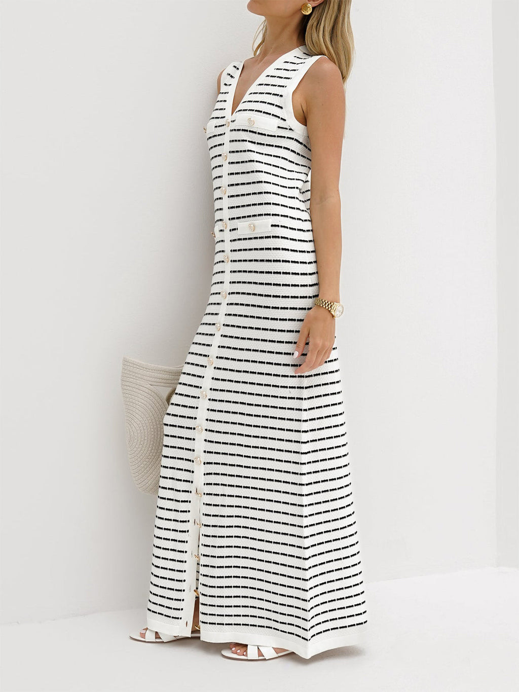 Striped Sweater Dress with Long Metal Buttons