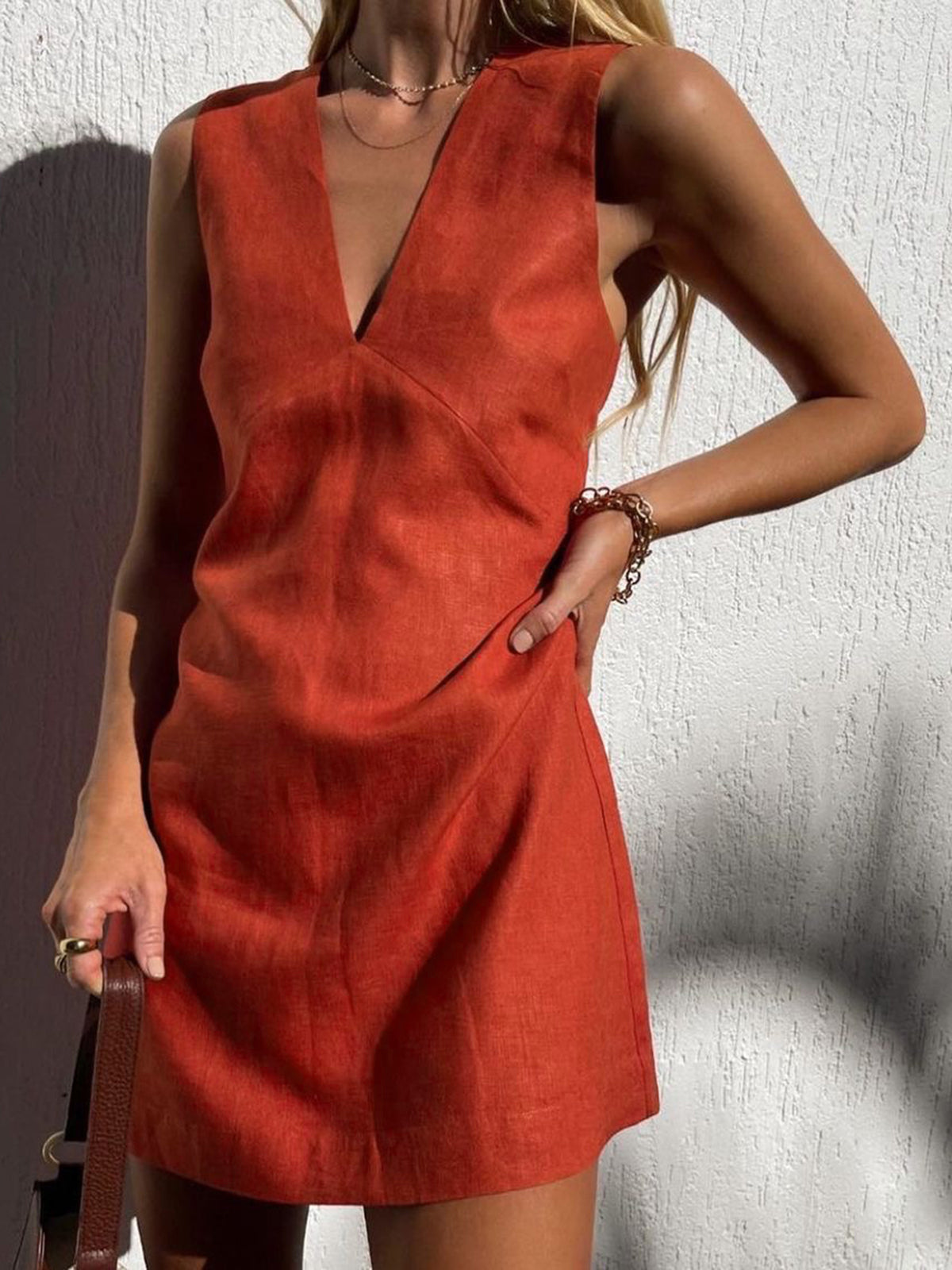 Cotton and Linen V-Neck Dress, Short Style