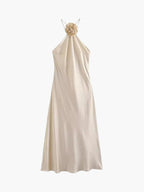 Satin Halter Midi Dress with Rosette Embellishment