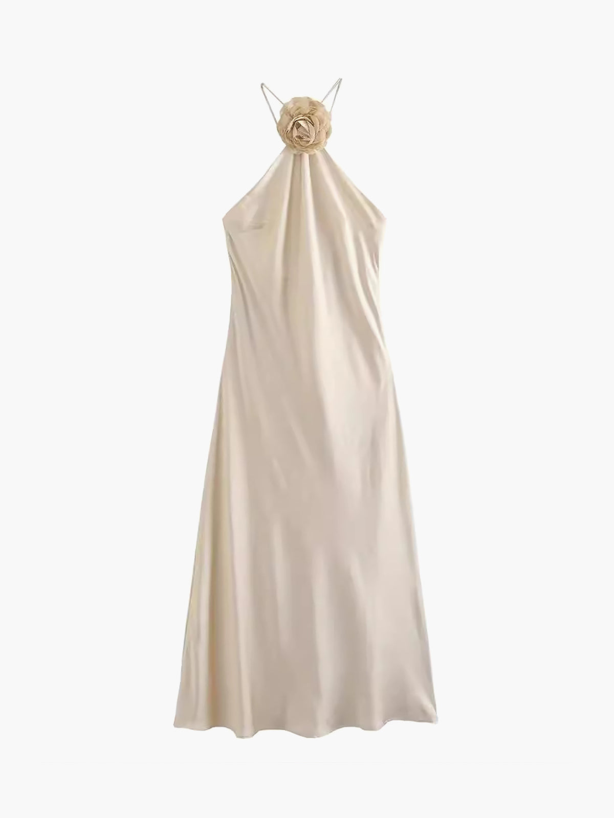 Satin Halter Midi Dress with Rosette Embellishment