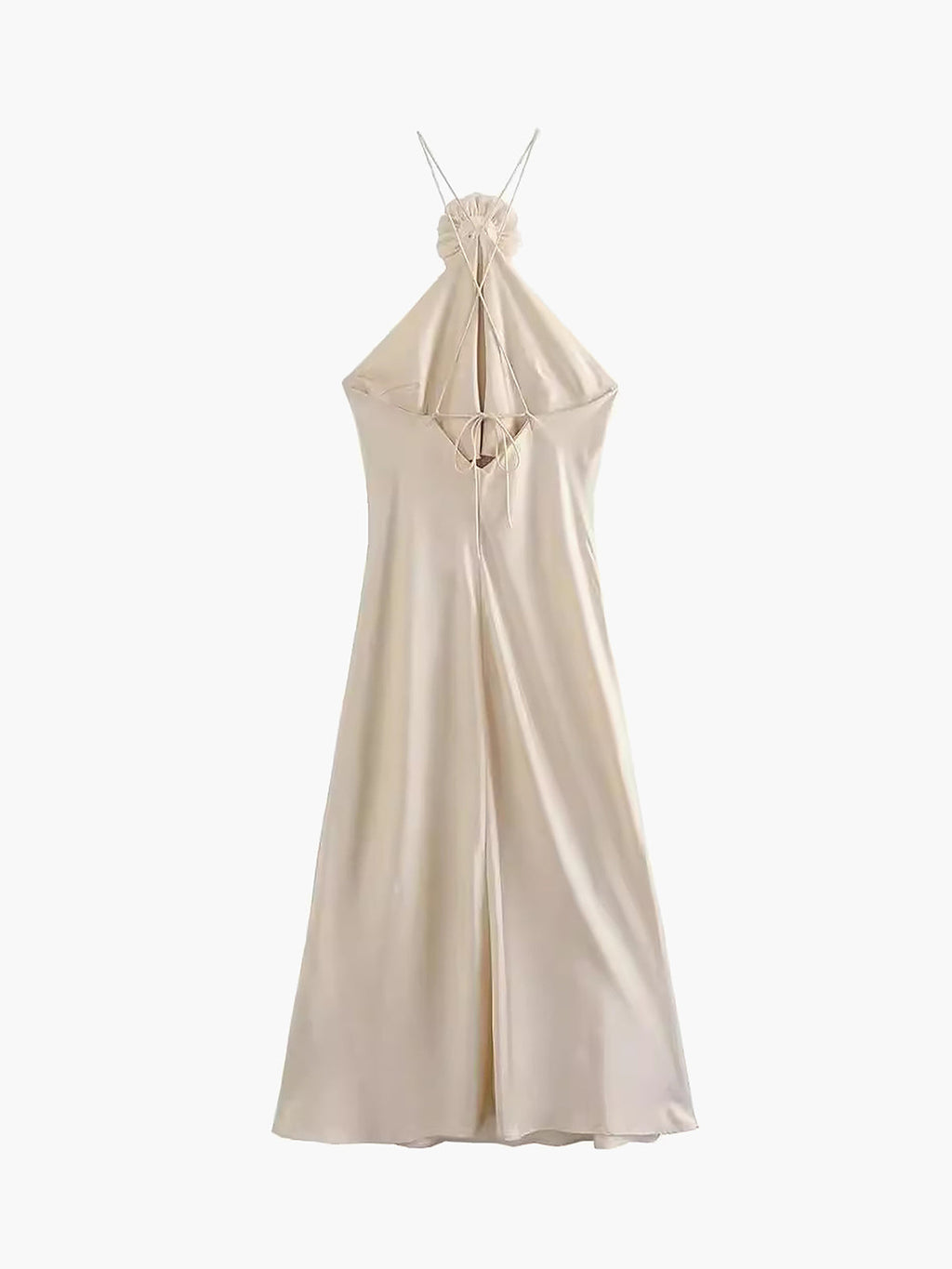 Satin Halter Midi Dress with Rosette Embellishment