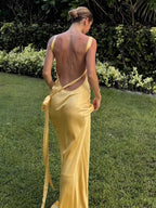 Semi-Sheer Satin Long Dress with Asymmetrical Shoulder