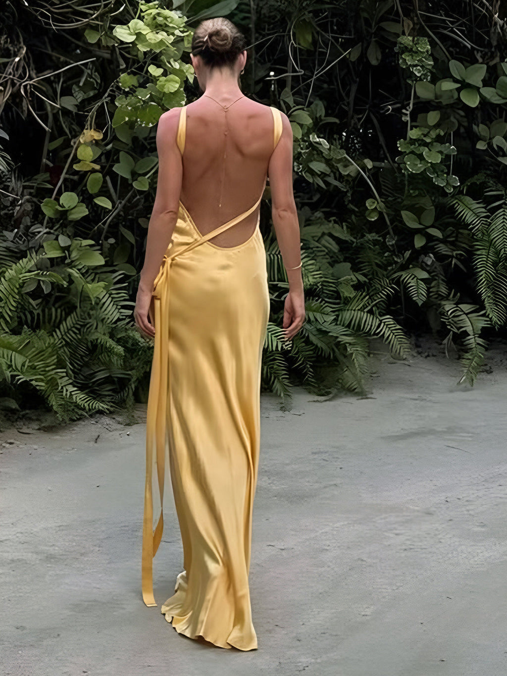 Semi-Sheer Satin Long Dress with Asymmetrical Shoulder