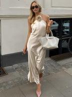 Satin Halter Midi Dress with Rosette Embellishment