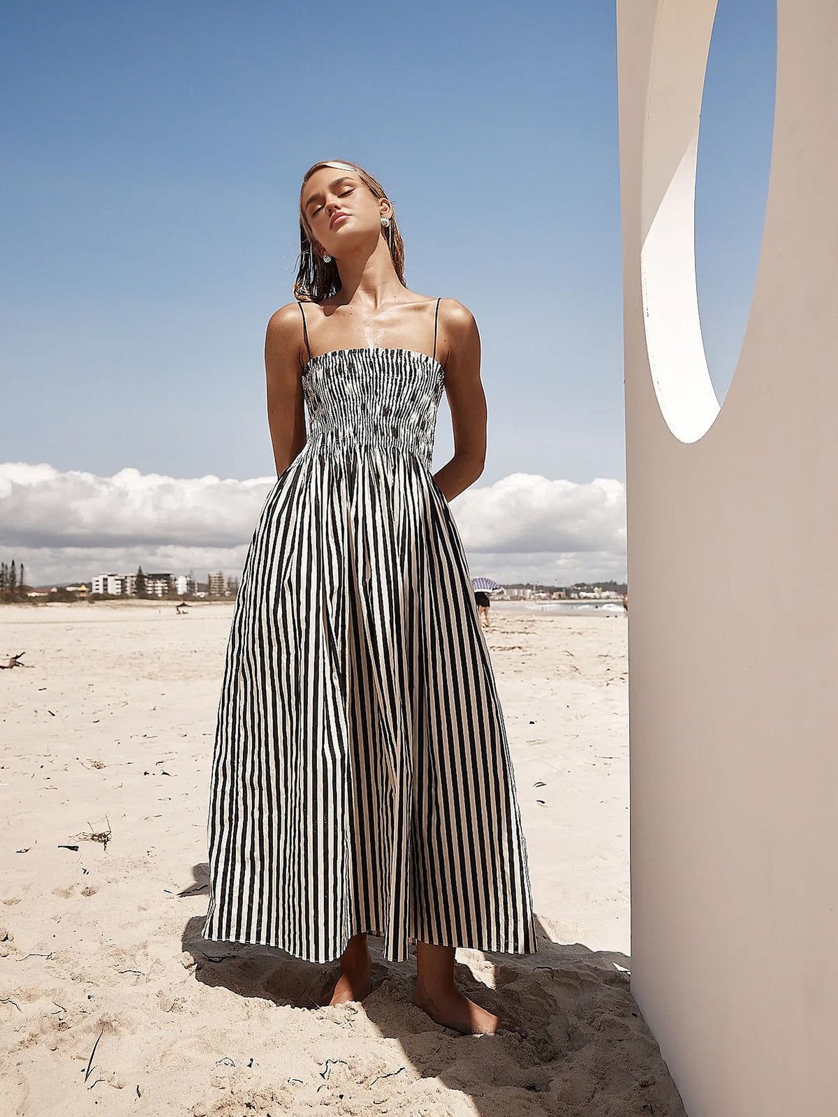 Sleeveless Long Dress with Pinstripe Design
