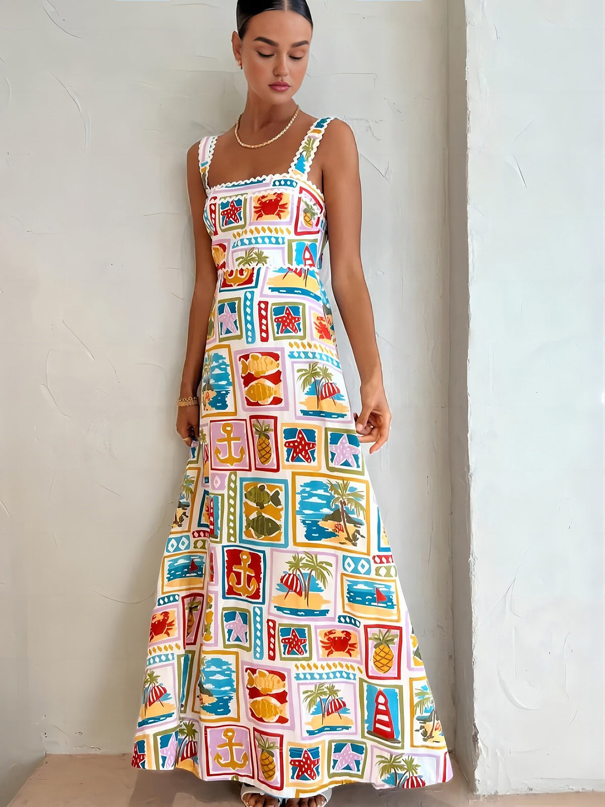 Sleeveless Long Dress with Graffiti Design