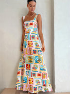 Sleeveless Long Dress with Graffiti Pattern Design