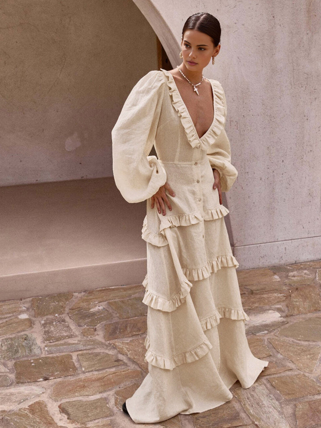Cotton and Linen Long Dress with Ruffle Trim