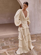 Cotton Linen Blend Long Dress with Ruffle Trim
