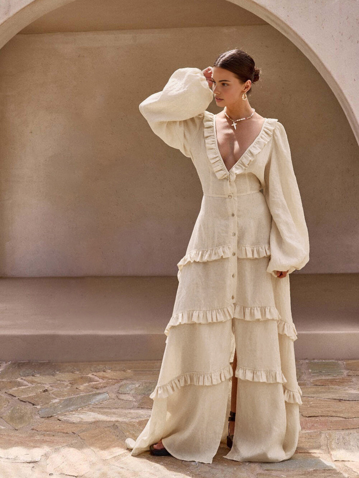 Cotton and Linen Long Dress with Ruffle Trim