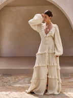 Cotton and Linen Semi-Sheer Long Dress with Ruffles