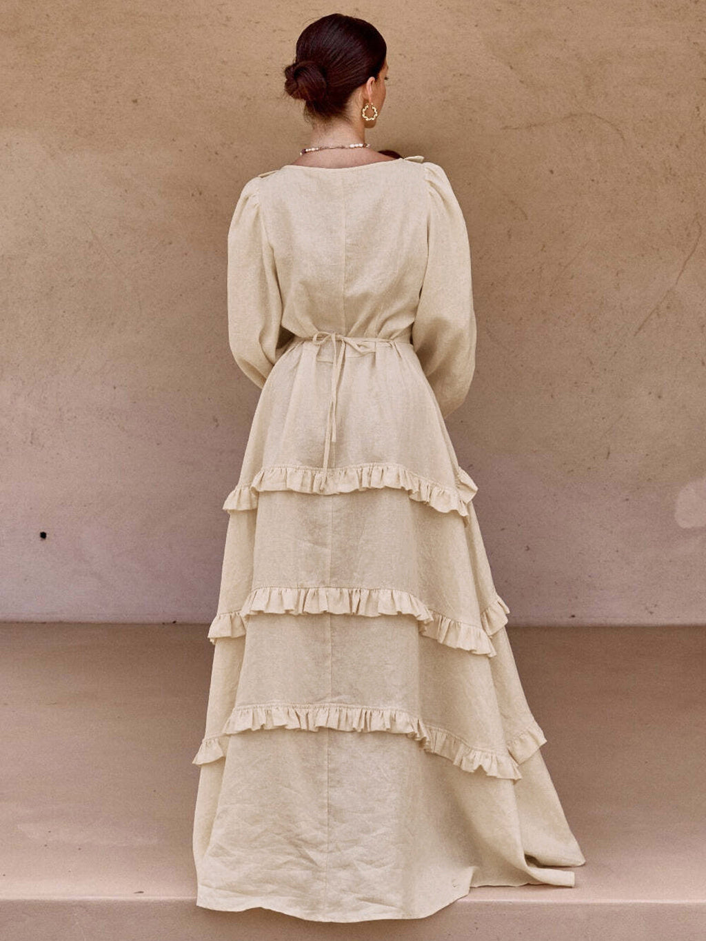Cotton and Linen Semi-Sheer Long Dress with Ruffles