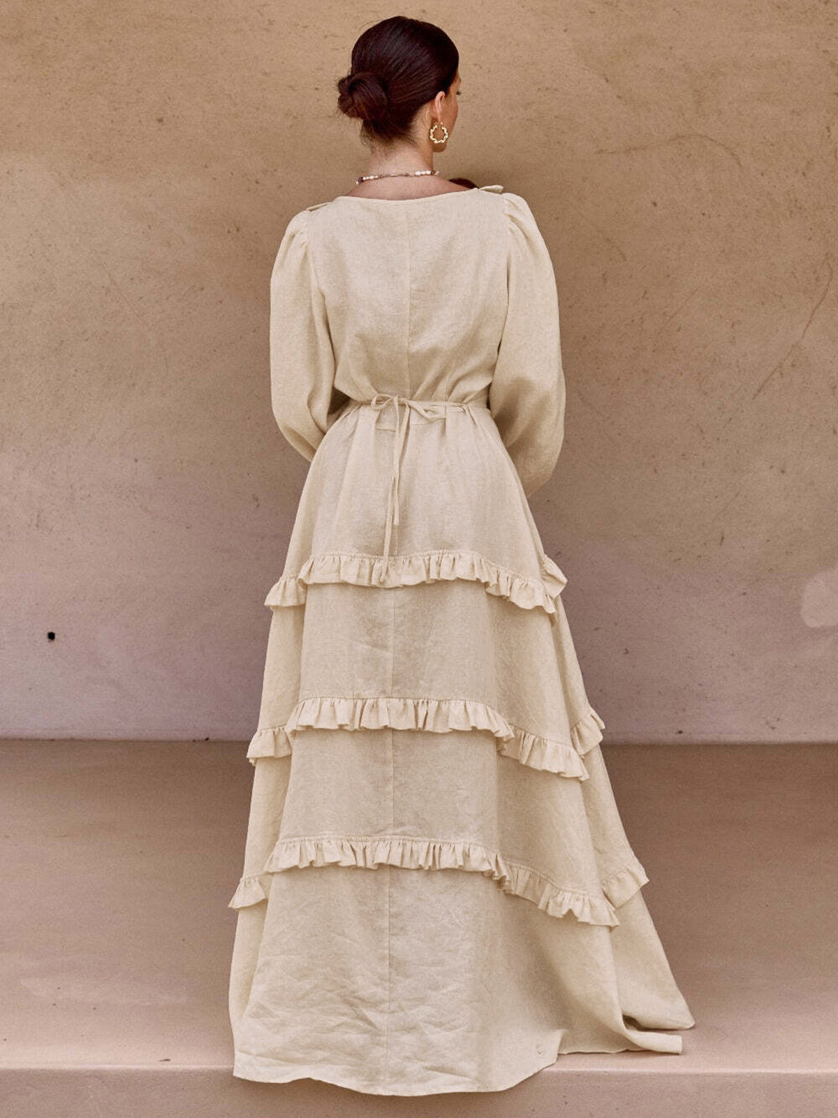 Cotton and Linen Semi-Sheer Long Dress with Ruffles
