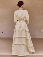 Cotton Linen Blend Long Dress with Ruffle Trim