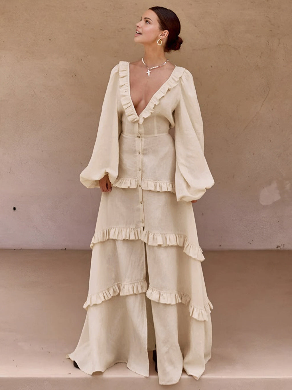 Cotton and Linen Long Dress with Ruffle Trim