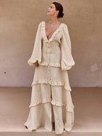 Cotton and Linen Semi-Sheer Long Dress with Ruffles