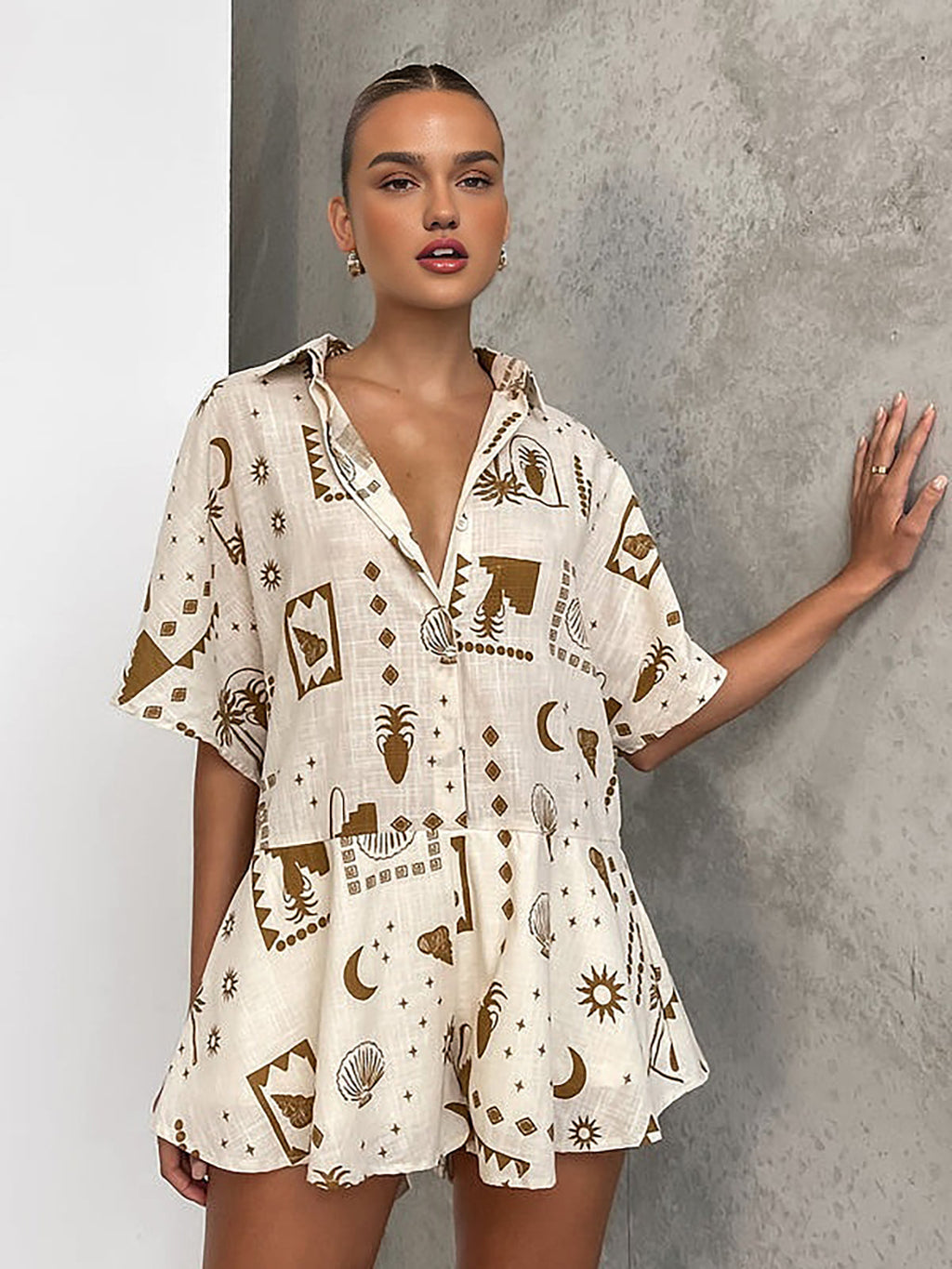 Flowy Semi-Sheer Jumpsuit with Subtle Print Pattern