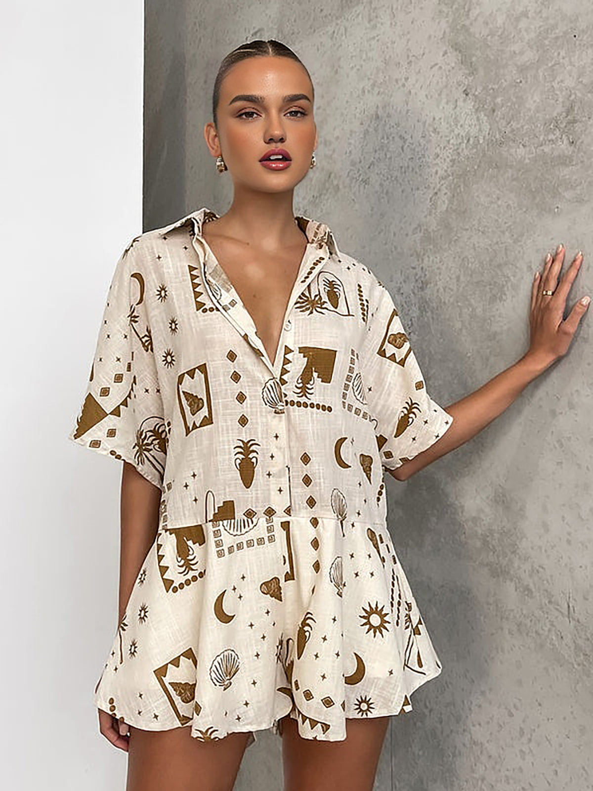 Flowy Semi-Sheer Jumpsuit with Subtle Print Pattern