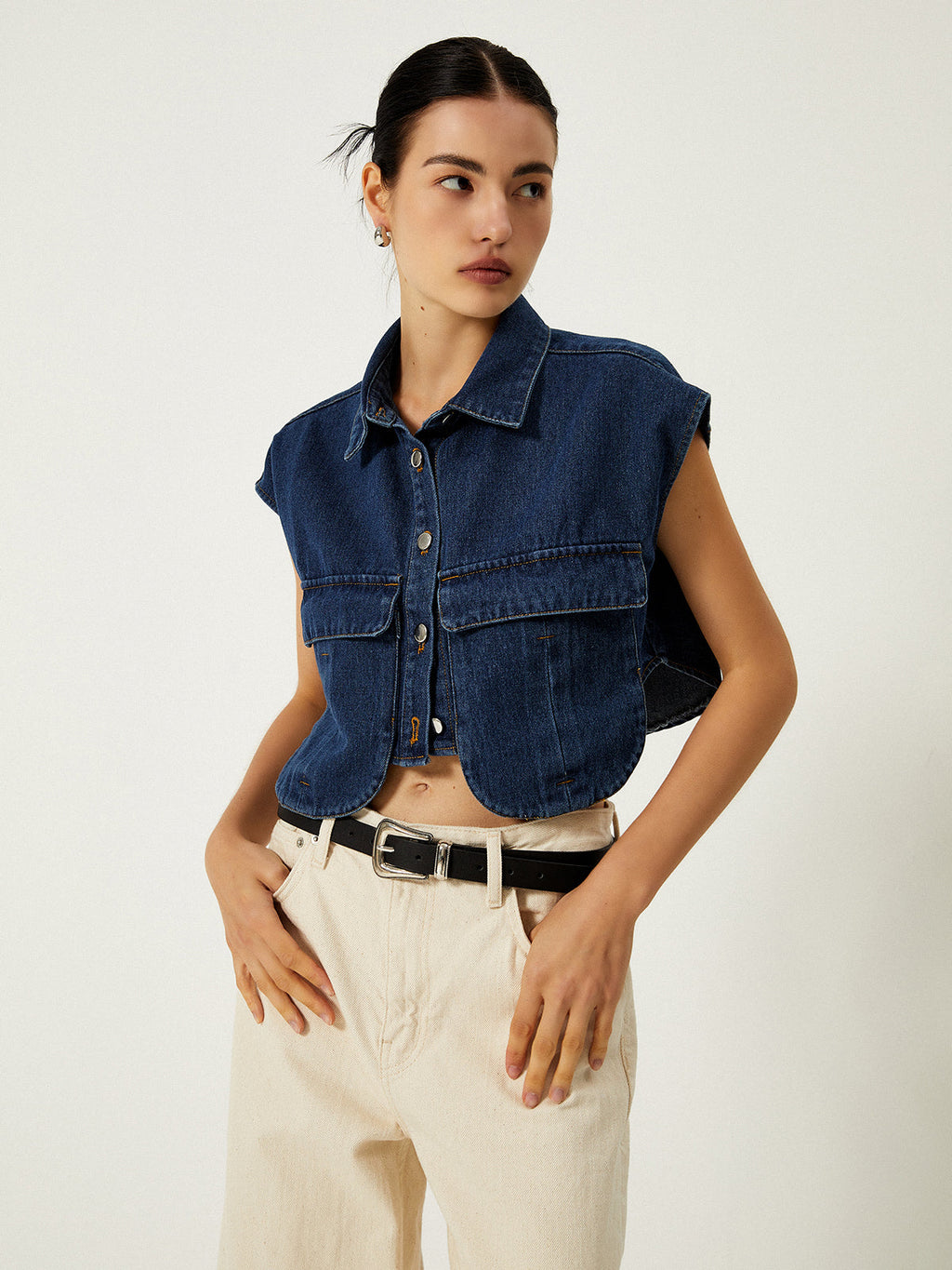 Denim Vest with Pockets and Collar