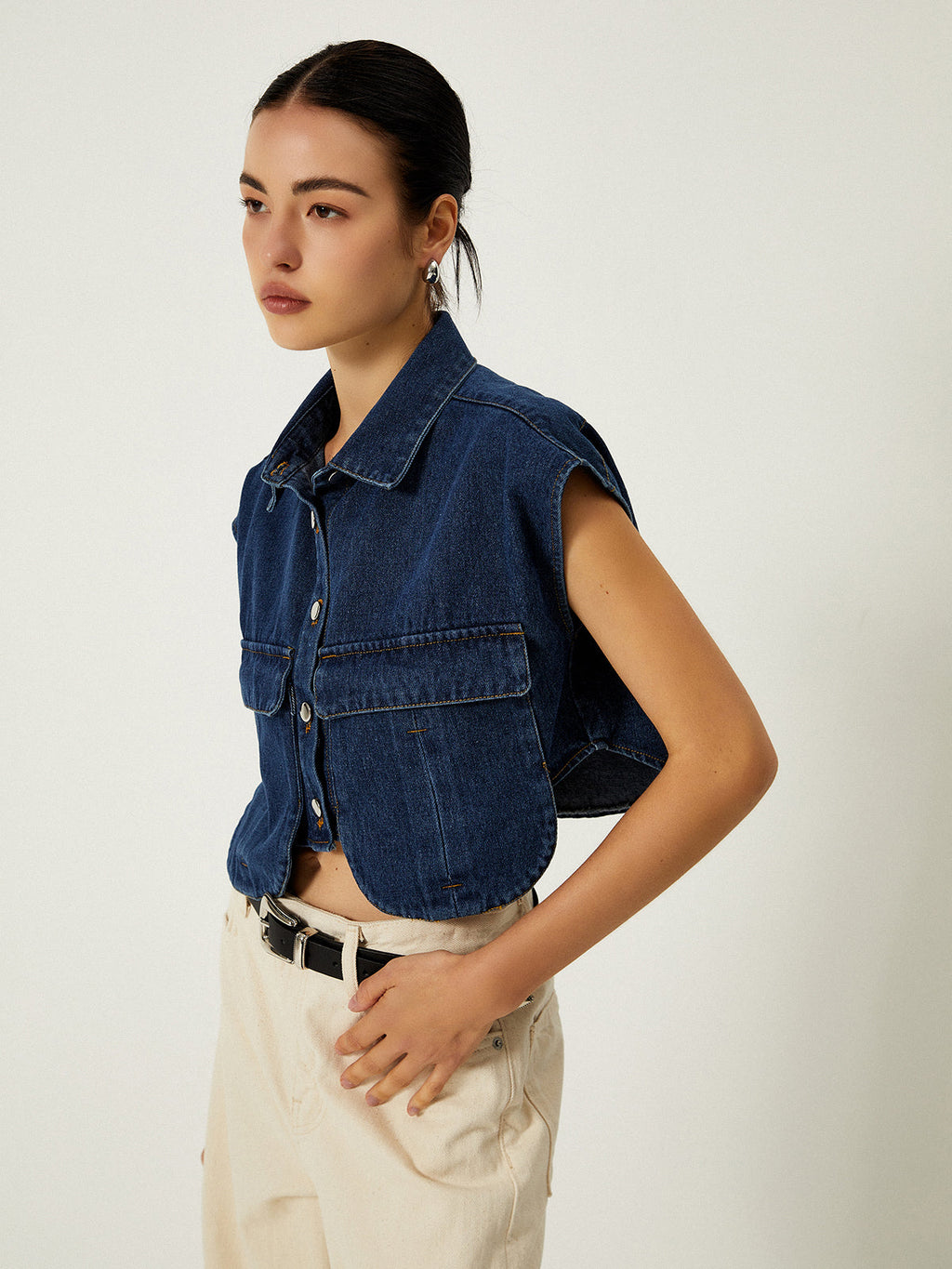 Denim Vest with Pockets and Collar