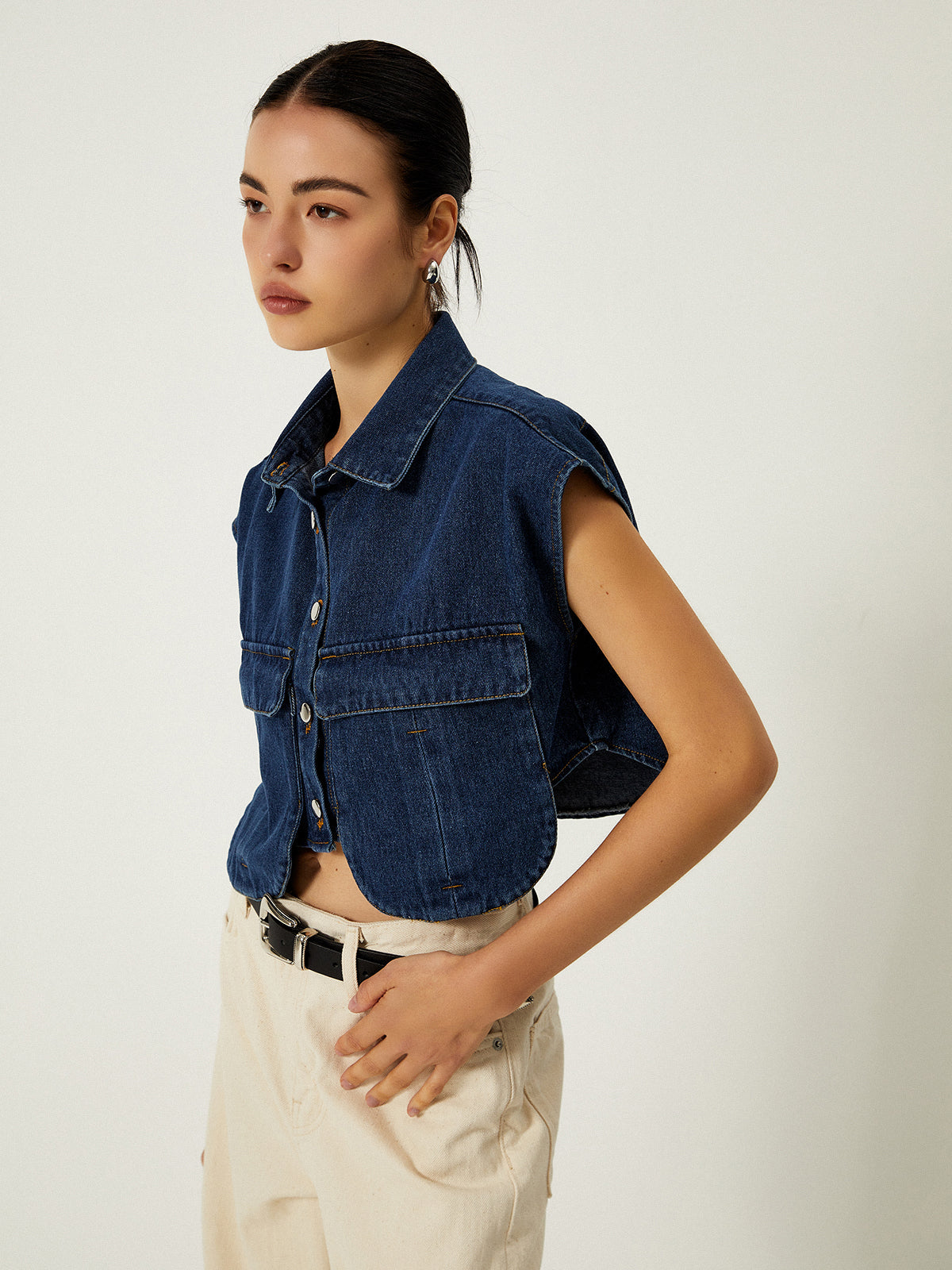 Denim Vest with Pockets and Collar