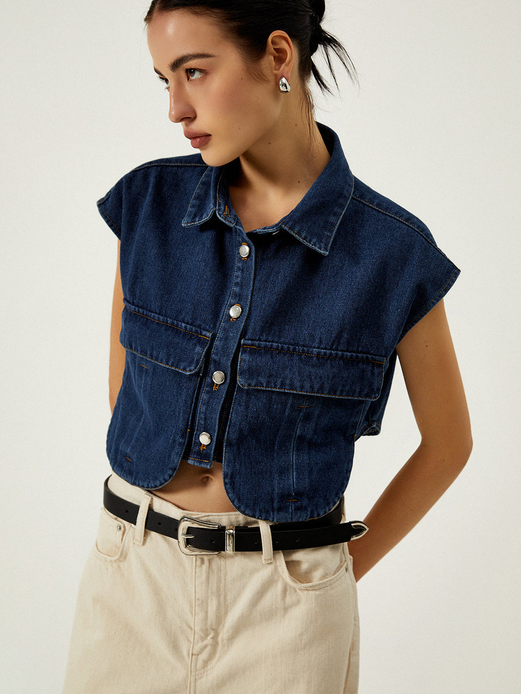 Denim Vest with Pockets and Collar