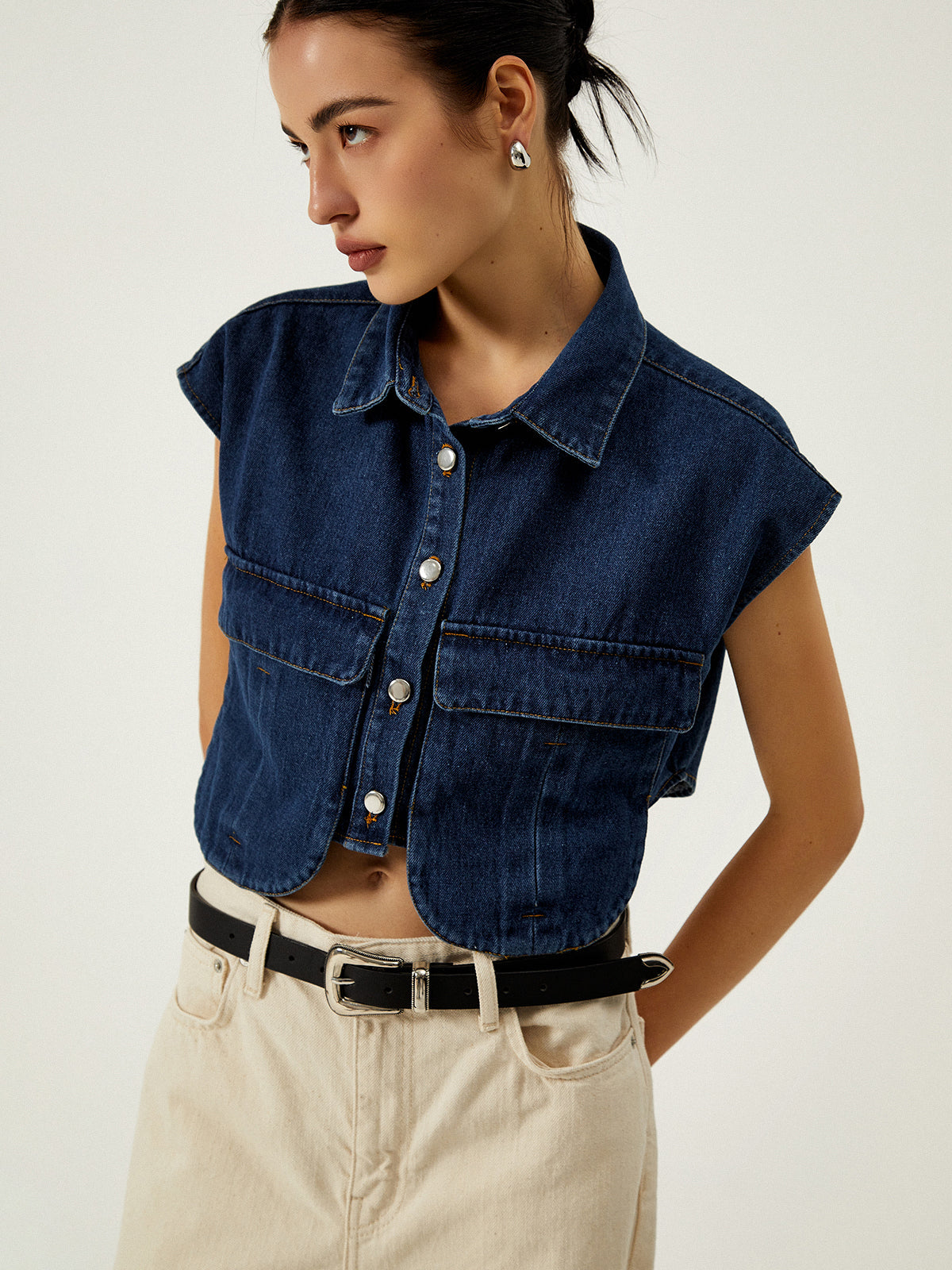 Denim Vest with Pockets and Collar
