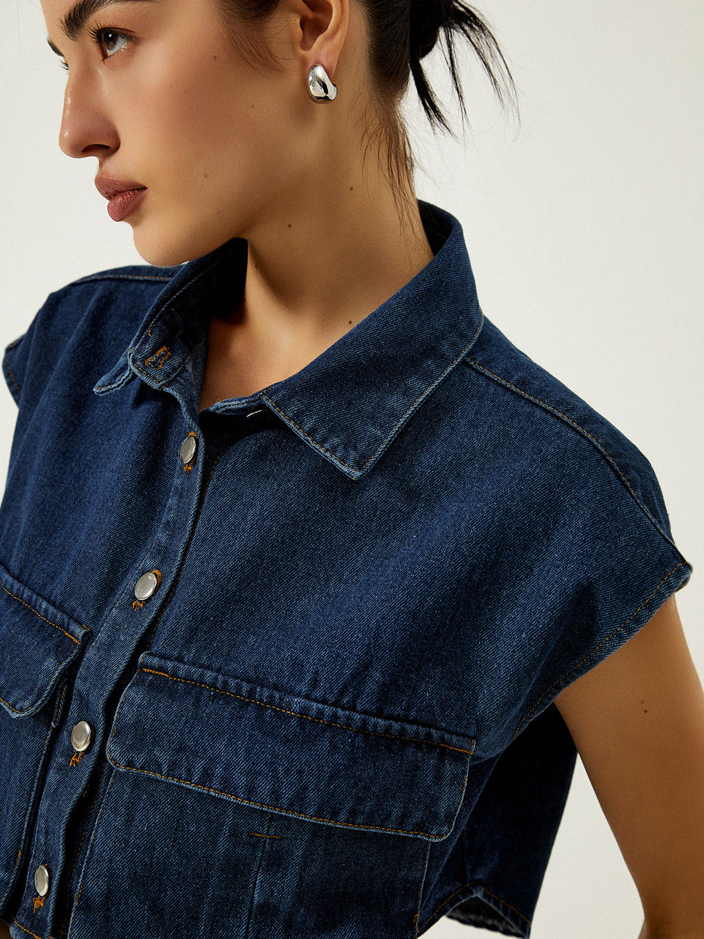 Denim Vest with Pockets and Collar