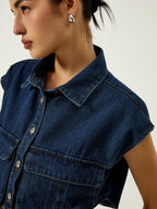 Denim Vest with Pockets and Collar
