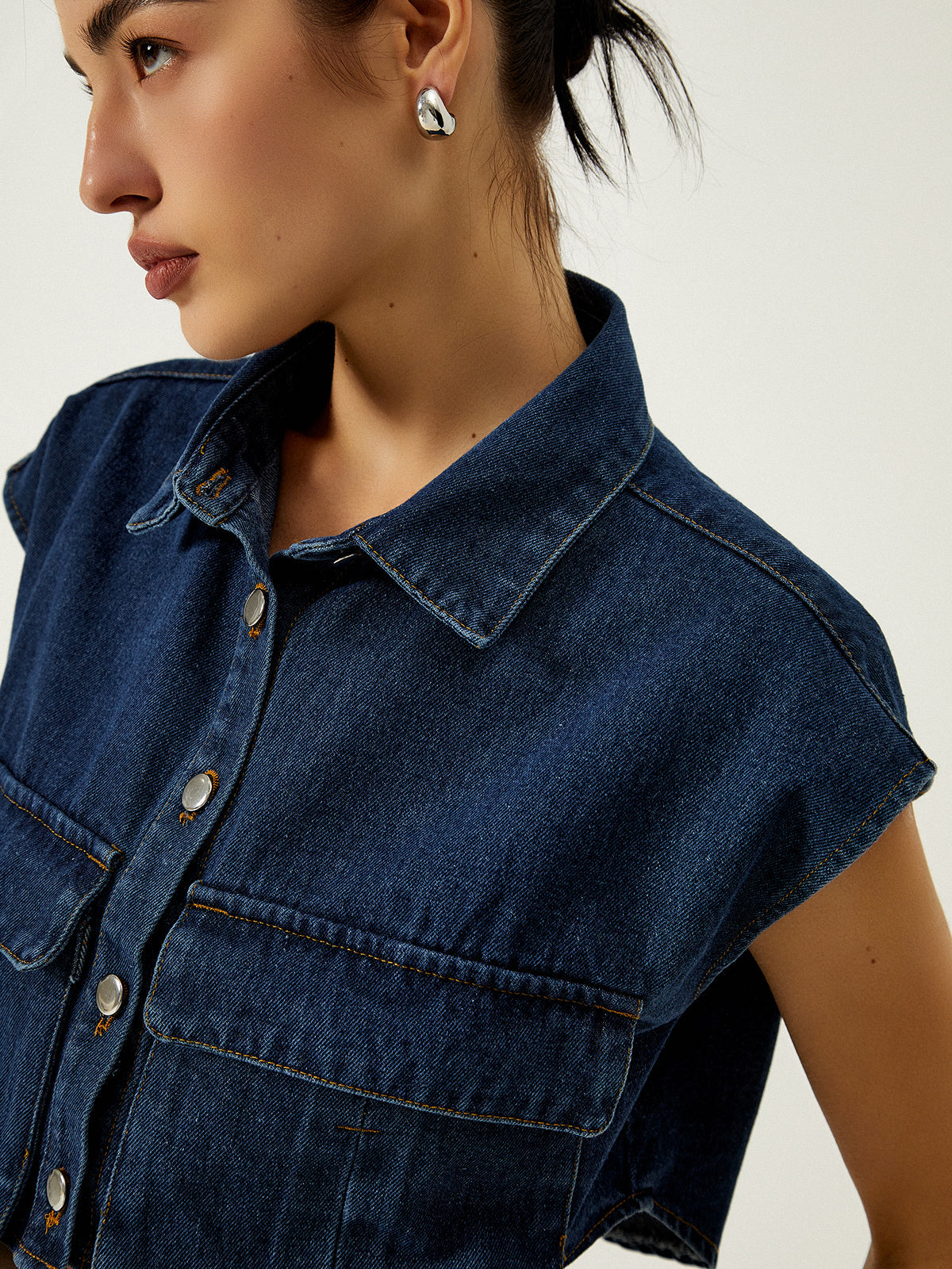 Denim Vest with Pockets and Collar
