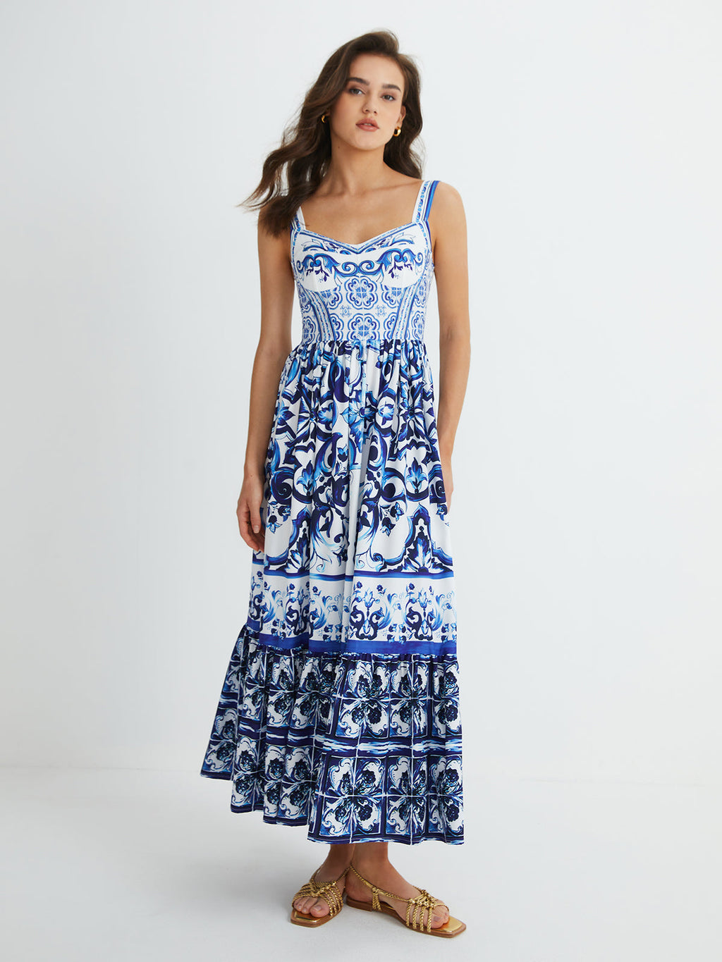 Long Pleated Dress with Print Strap Design
