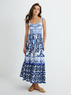 Long Pleated Dress with Print Strap Design