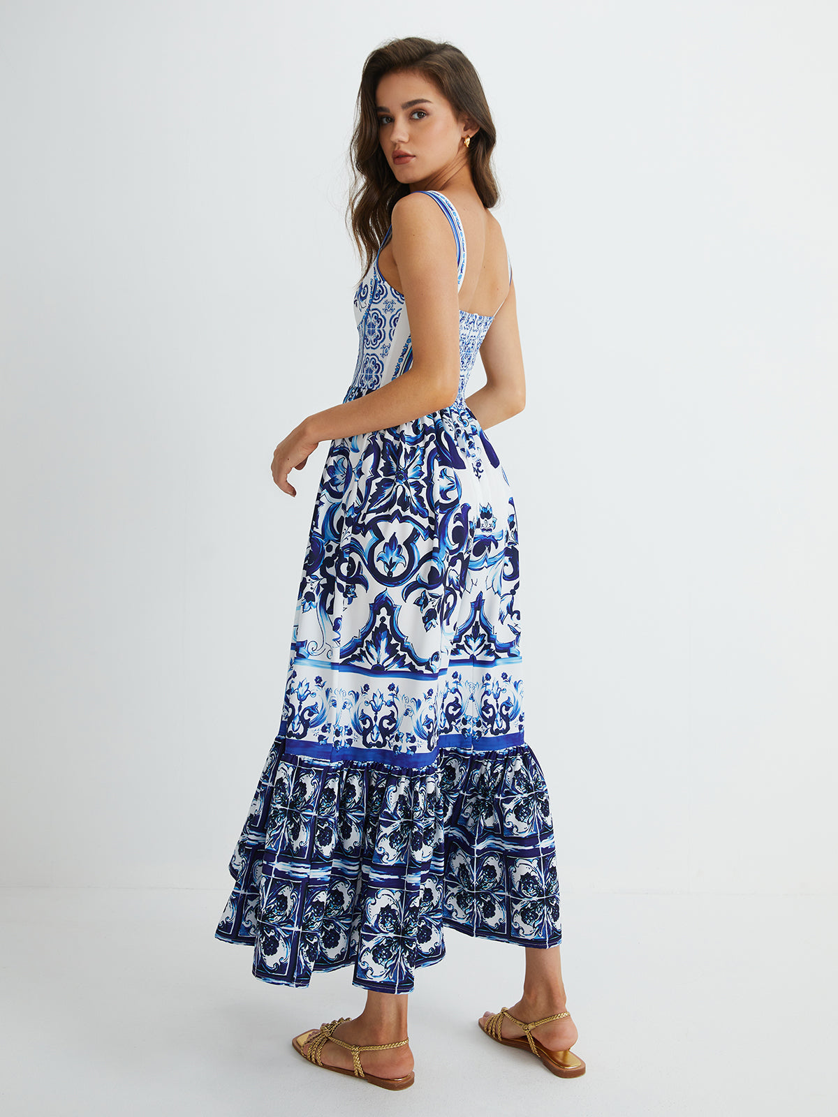 Printed Strappy Long Dress with Pleated Details