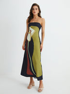 Large Floral Pattern Strapless Split Long Dress