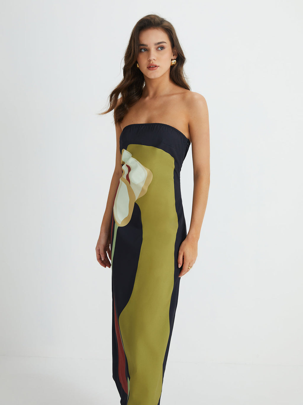 Large Floral Pattern Strapless Split Long Dress