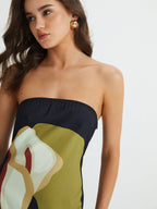 Large Floral Pattern Strapless Split Long Dress