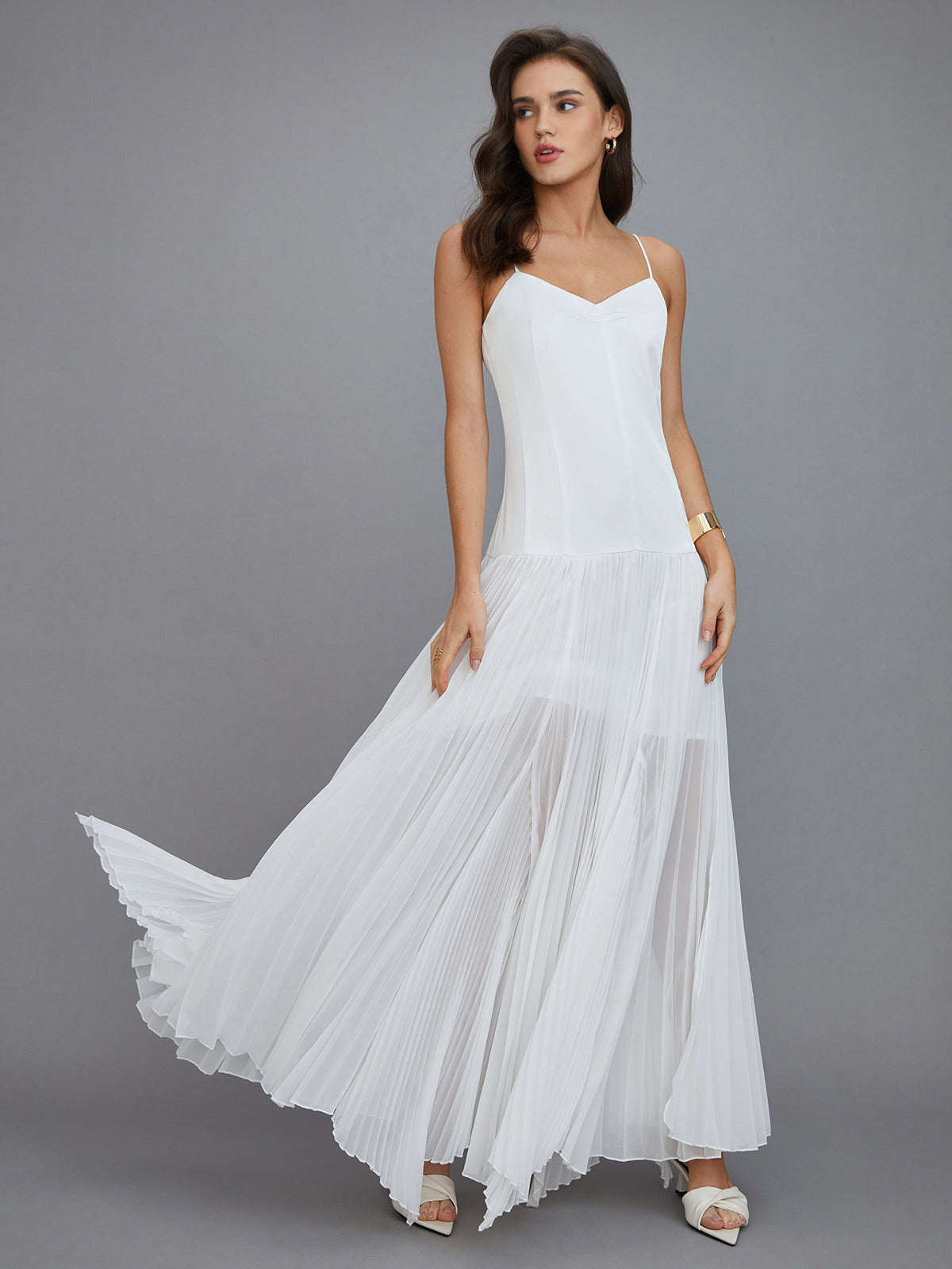 Semi-Sheer Pleated Maxi Dress with High-Low Hem