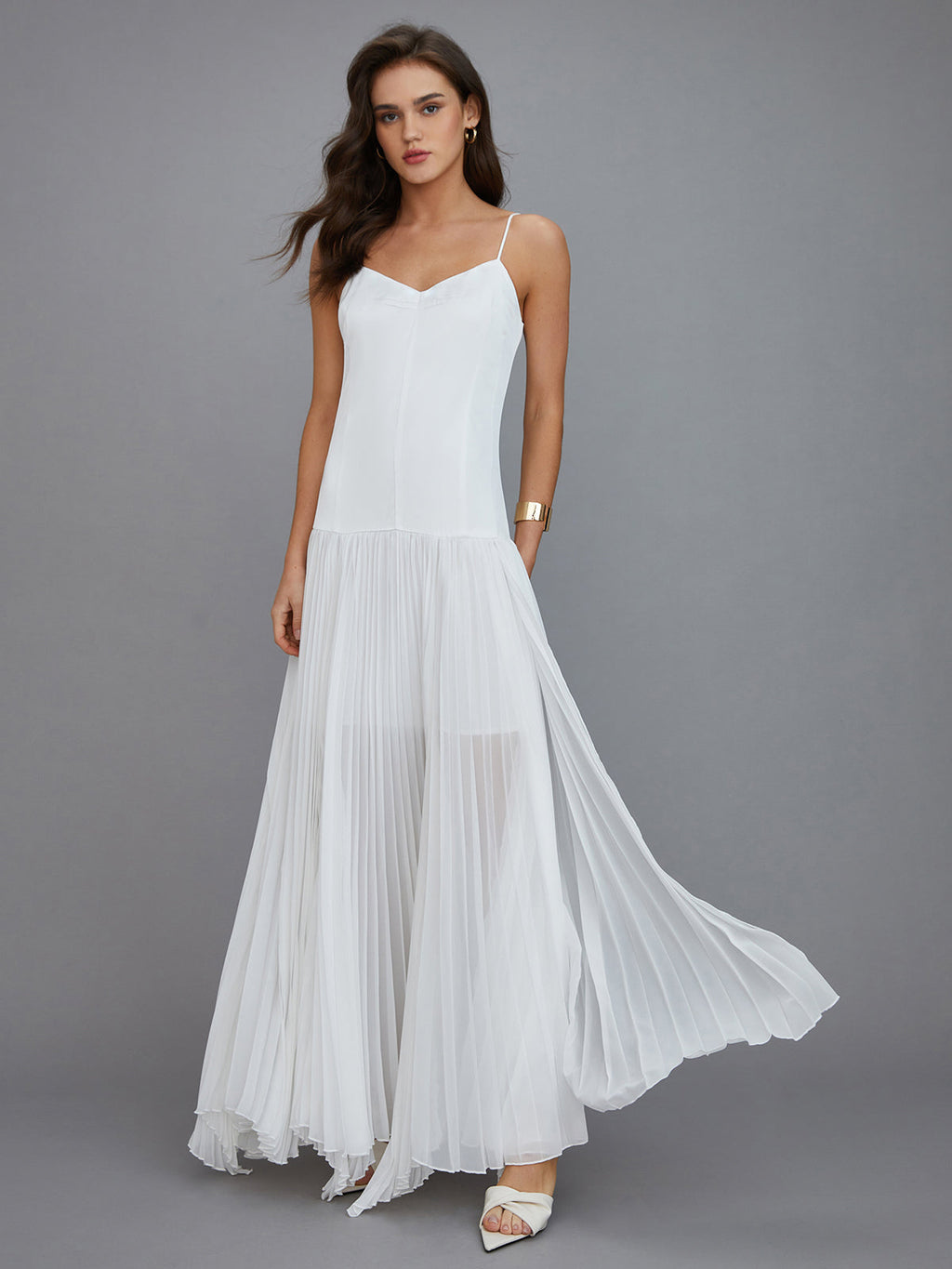 Semi-Sheer Pleated Maxi Dress with High-Low Hem