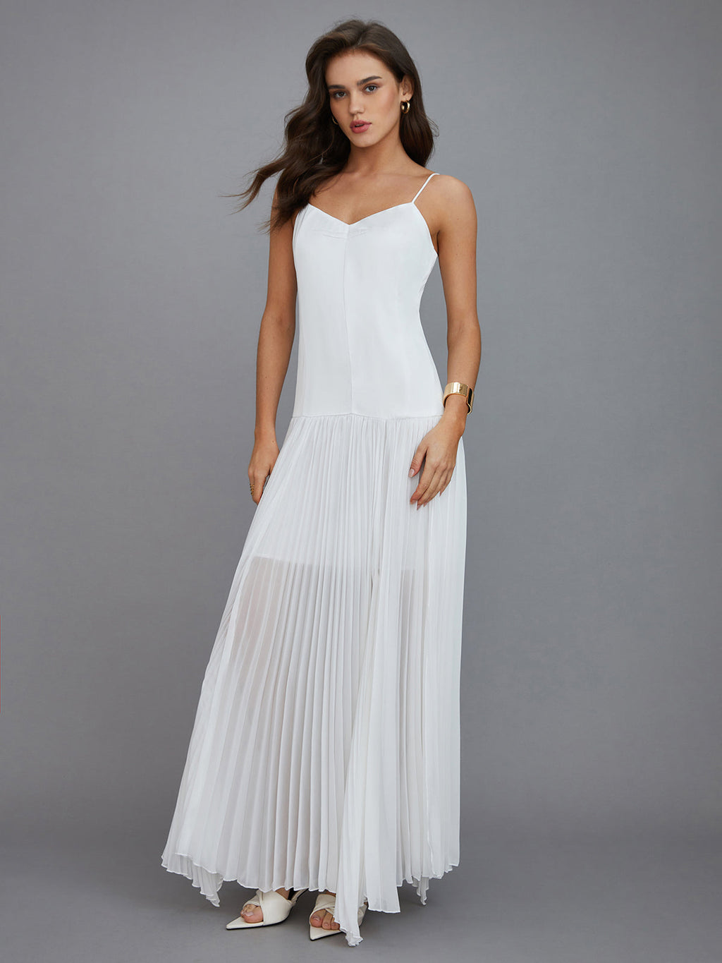 Semi-Sheer Pleated Maxi Dress with High-Low Hem