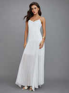 Semi-Sheer Pleated Maxi Dress with High-Low Hem