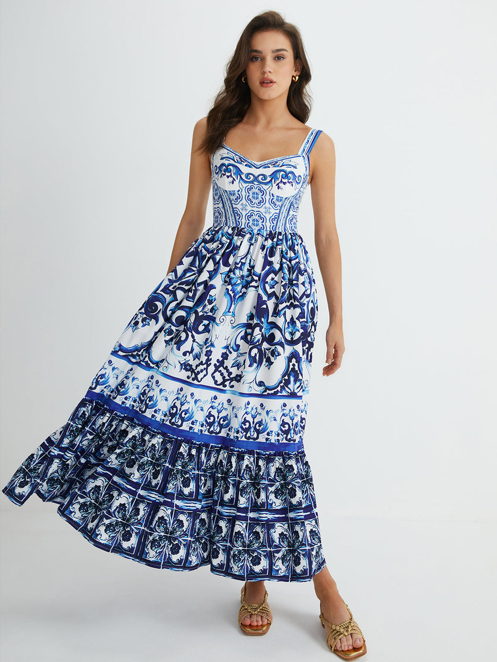Pleated Long Dress with Print Strap Detail