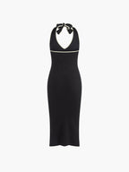 V Neck Halter Dress with Split Knit Design